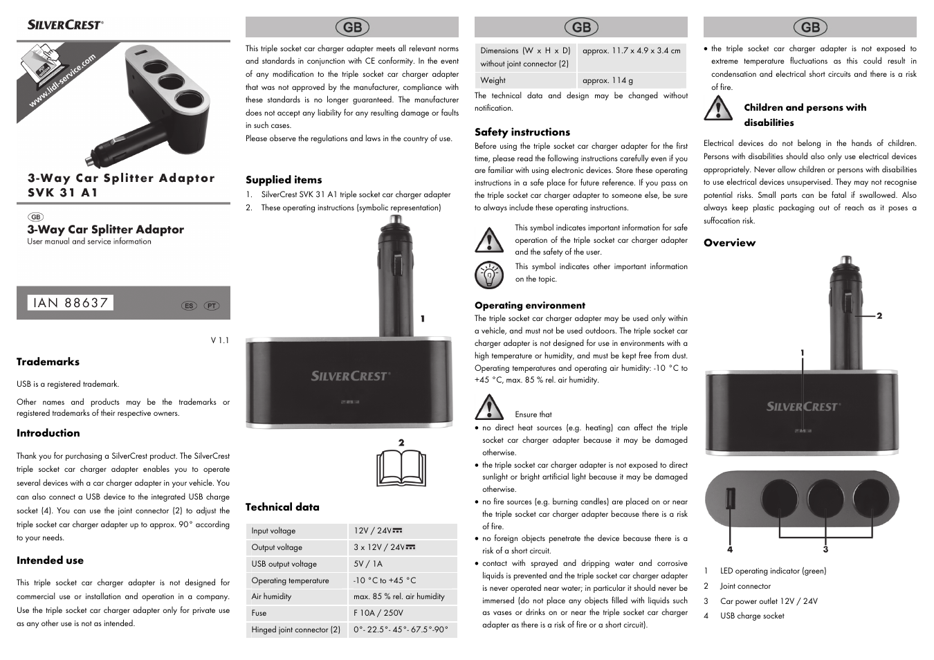 Trademarks, Introduction, Intended use | Supplied items, Technical data, Safety instructions, Overview | Silvercrest SVK 31 A1 User Manual | Page 5 / 8