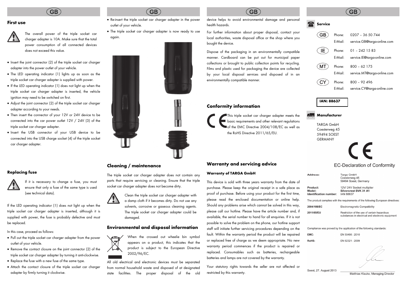 First use, Cleaning / maintenance, Environmental and disposal information | Conformity information, Warranty and servicing advice | Silvercrest SVK 31 A1 User Manual | Page 6 / 8