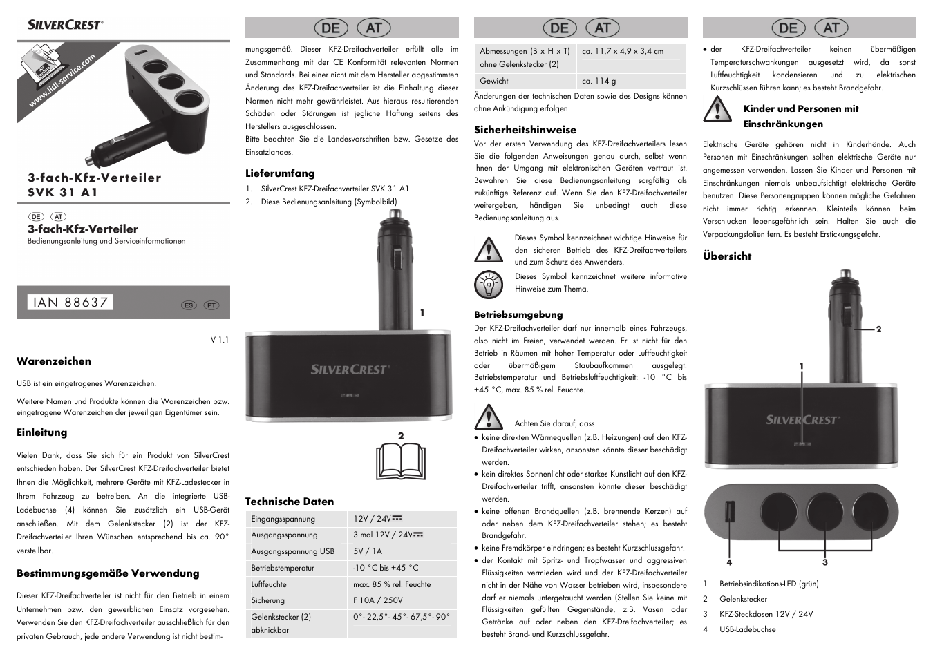 Warenzeichen, Einleitung, Bestimmungsgemäße verwendung | Lieferumfang, Technische daten, Sicherheitshinweise, Übersicht | Silvercrest SVK 31 A1 User Manual | Page 7 / 8