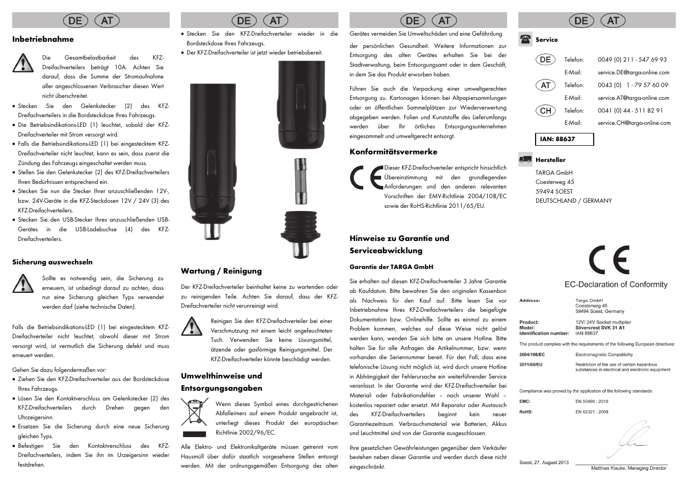 Inbetriebnahme, Wartung / reinigung, Umwelthinweise und entsorgungsangaben | Konformitätsvermerke, Hinweise zu garantie und serviceabwicklung | Silvercrest SVK 31 A1 User Manual | Page 8 / 8