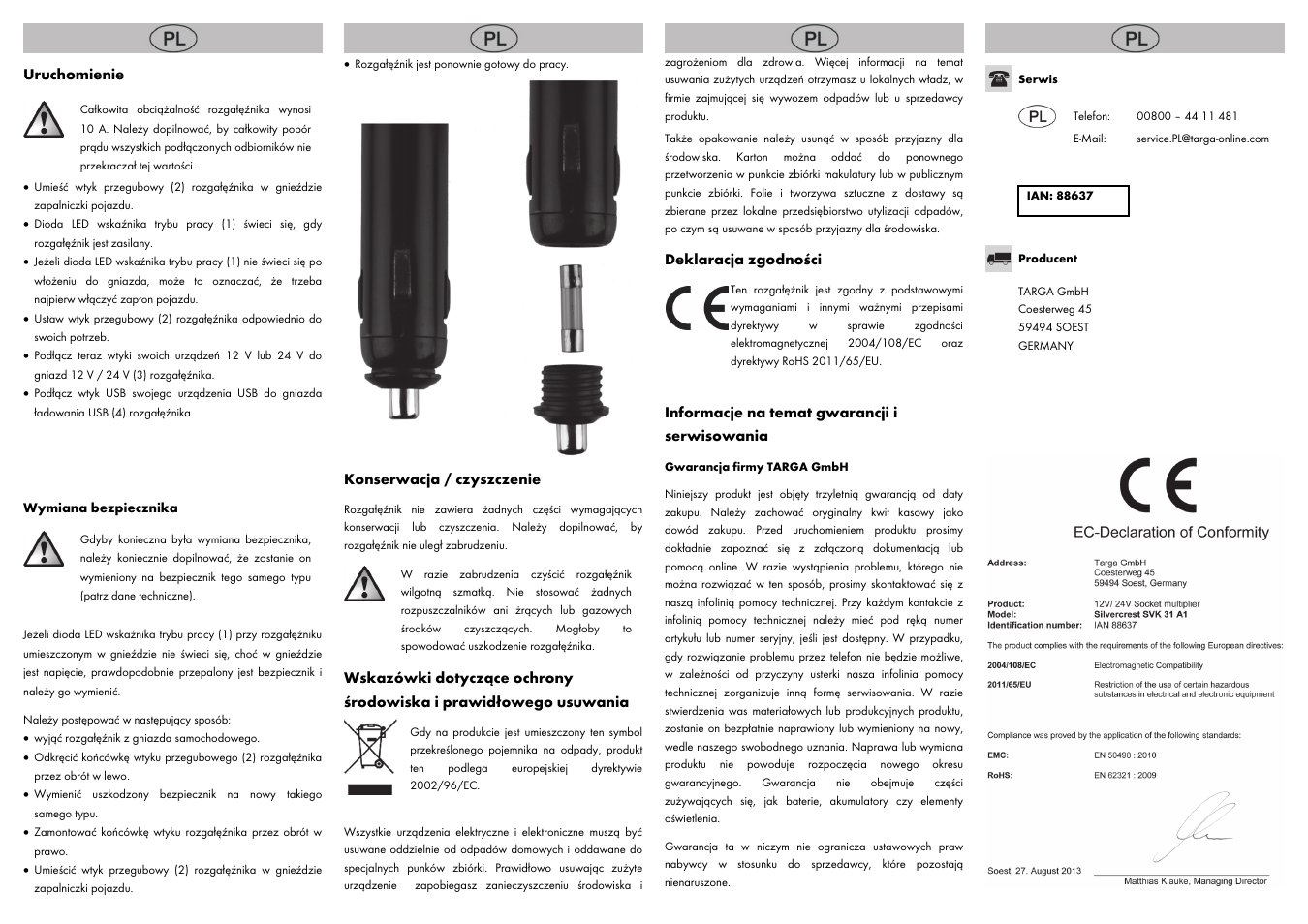 Uruchomienie, Konserwacja / czyszczenie, Deklaracja zgodności | Informacje na temat gwarancji i serwisowania | Silvercrest SVK 31 A1 User Manual | Page 4 / 14