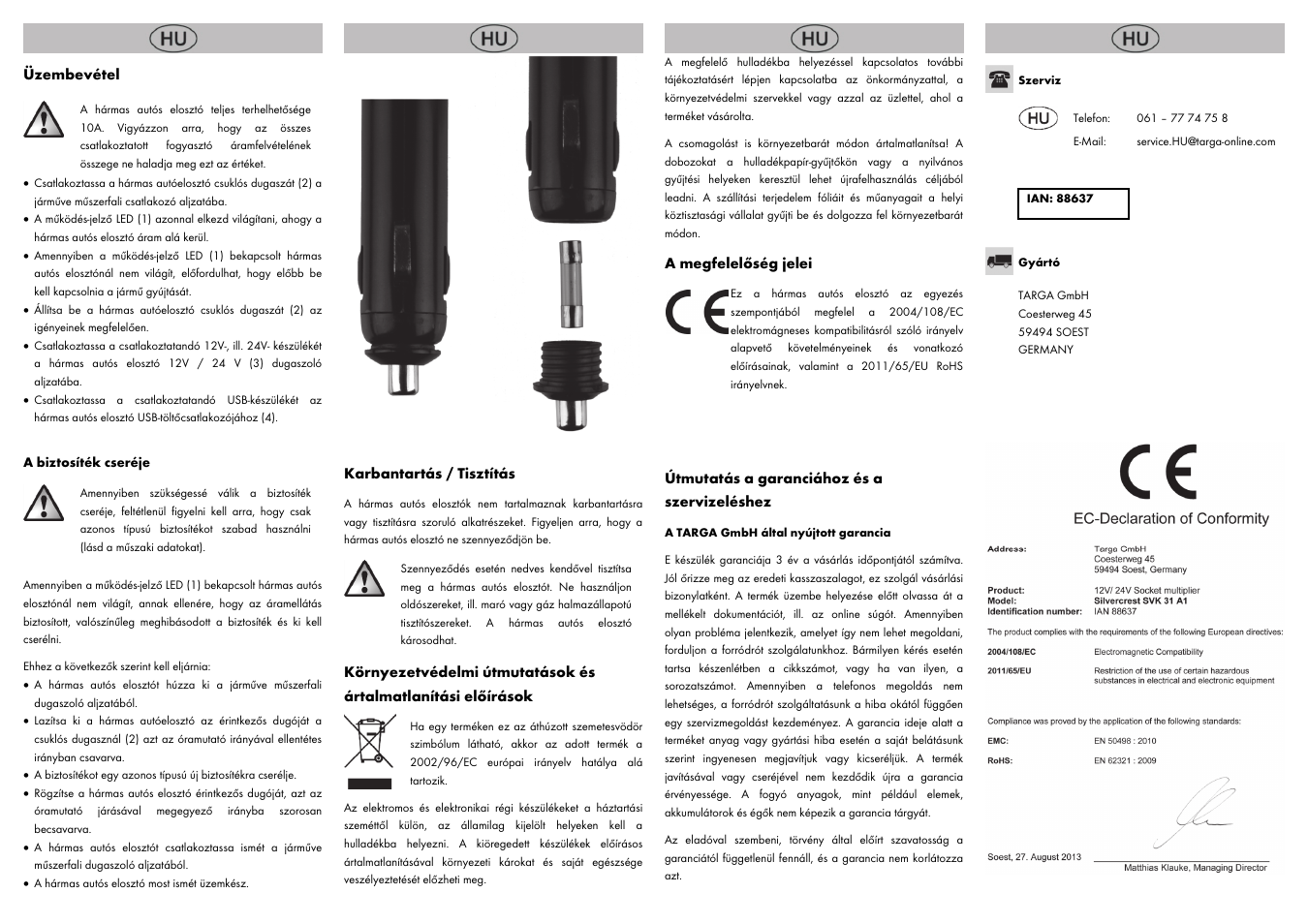 Üzembevétel, Karbantartás / tisztítás, A megfelelőség jelei | Útmutatás a garanciához és a szervizeléshez | Silvercrest SVK 31 A1 User Manual | Page 6 / 14
