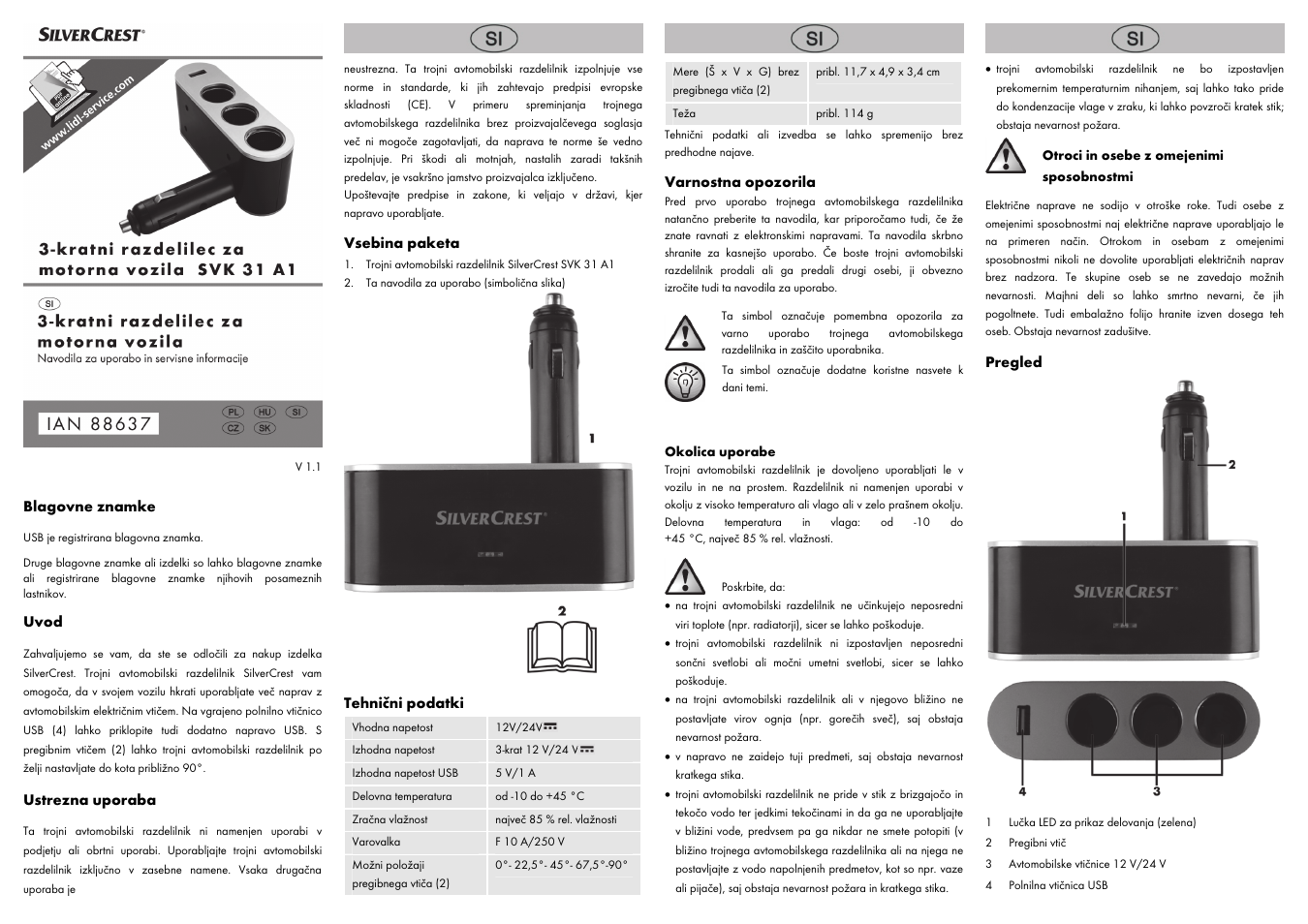 Blagovne znamke, Uvod, Ustrezna uporaba | Vsebina paketa, Tehnični podatki, Varnostna opozorila, Pregled | Silvercrest SVK 31 A1 User Manual | Page 7 / 14