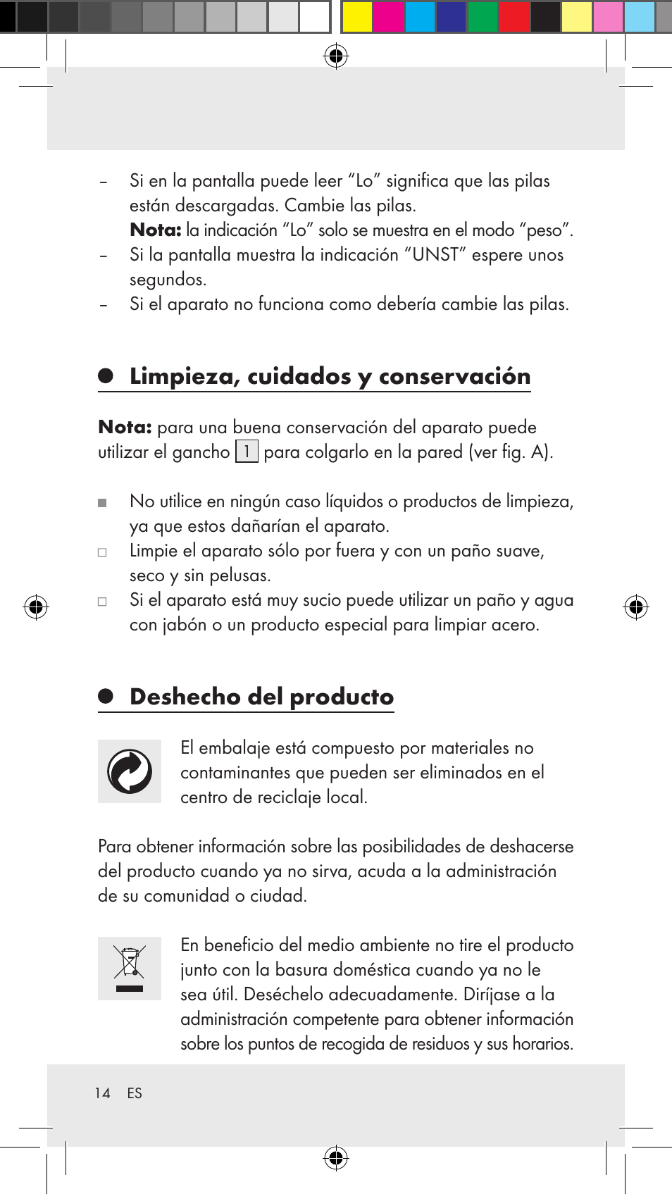 Limpieza, cuidados y conservación, Deshecho del producto | Silvercrest Z31183 User Manual | Page 14 / 62