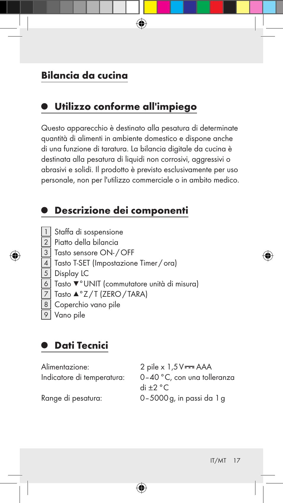 Bilancia da cucina utilizzo conforme all'impiego, Descrizione dei componenti, Dati tecnici | Silvercrest Z31183 User Manual | Page 17 / 62