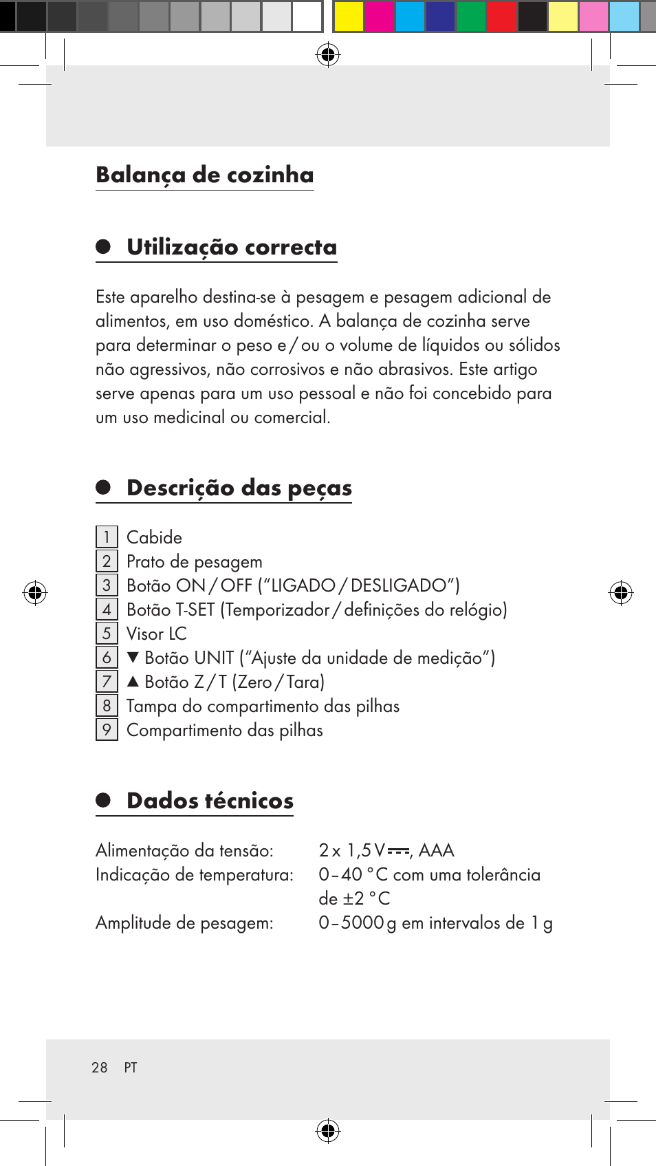 Balança de cozinha utilização correcta, Descrição das peças, Dados técnicos | Silvercrest Z31183 User Manual | Page 28 / 62