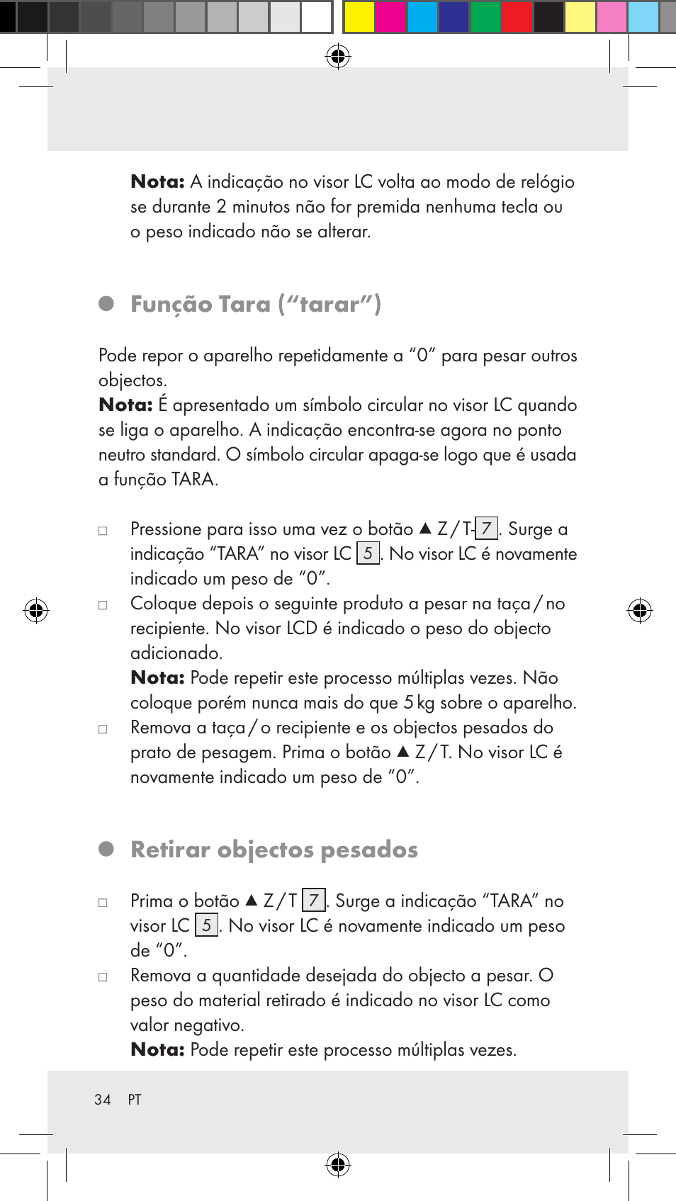 Função tara (“tarar”), Retirar objectos pesados | Silvercrest Z31183 User Manual | Page 34 / 62