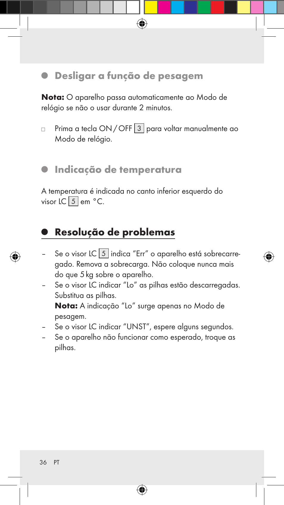 Desligar a função de pesagem, Indicação de temperatura, Resolução de problemas | Silvercrest Z31183 User Manual | Page 36 / 62