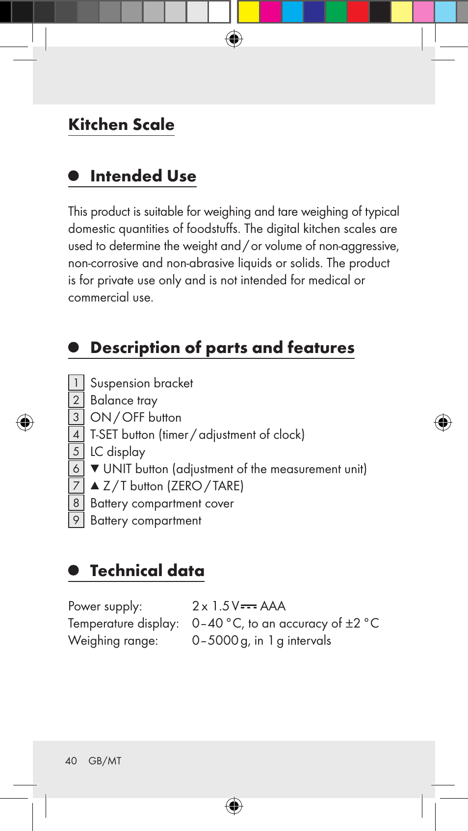 Kitchen scale intended use, Description of parts and features, Technical data | Silvercrest Z31183 User Manual | Page 40 / 62