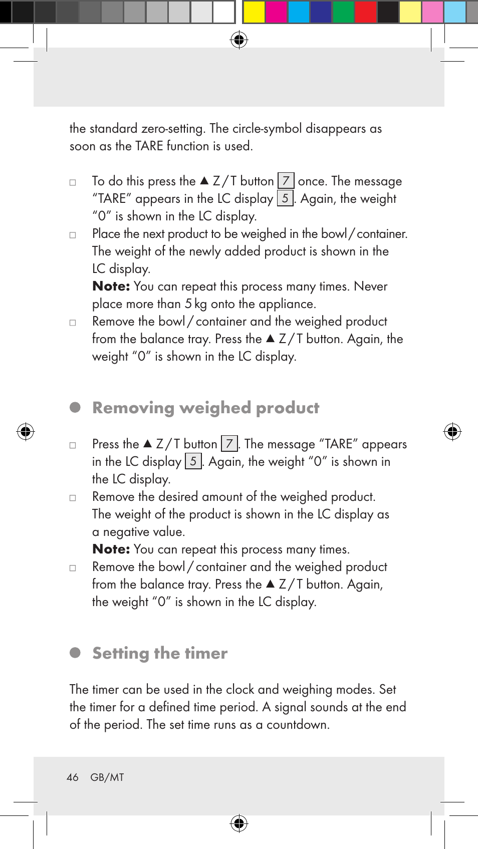 Removing weighed product, Setting the timer | Silvercrest Z31183 User Manual | Page 46 / 62