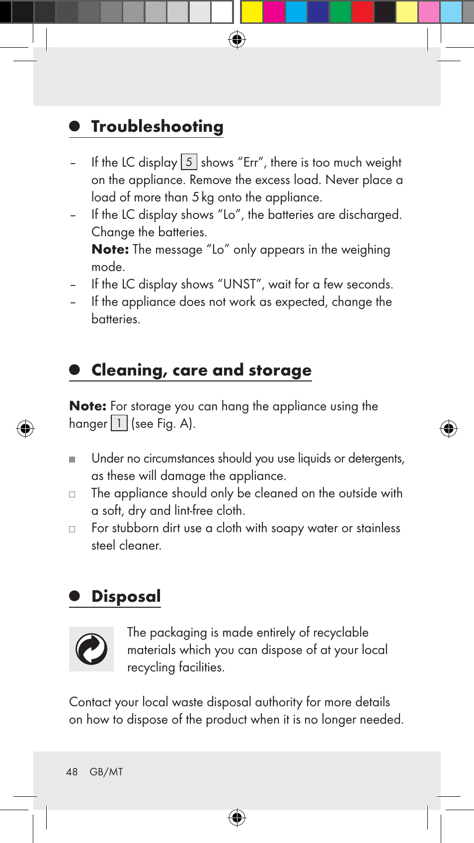 Troubleshooting, Cleaning, care and storage, Disposal | Silvercrest Z31183 User Manual | Page 48 / 62