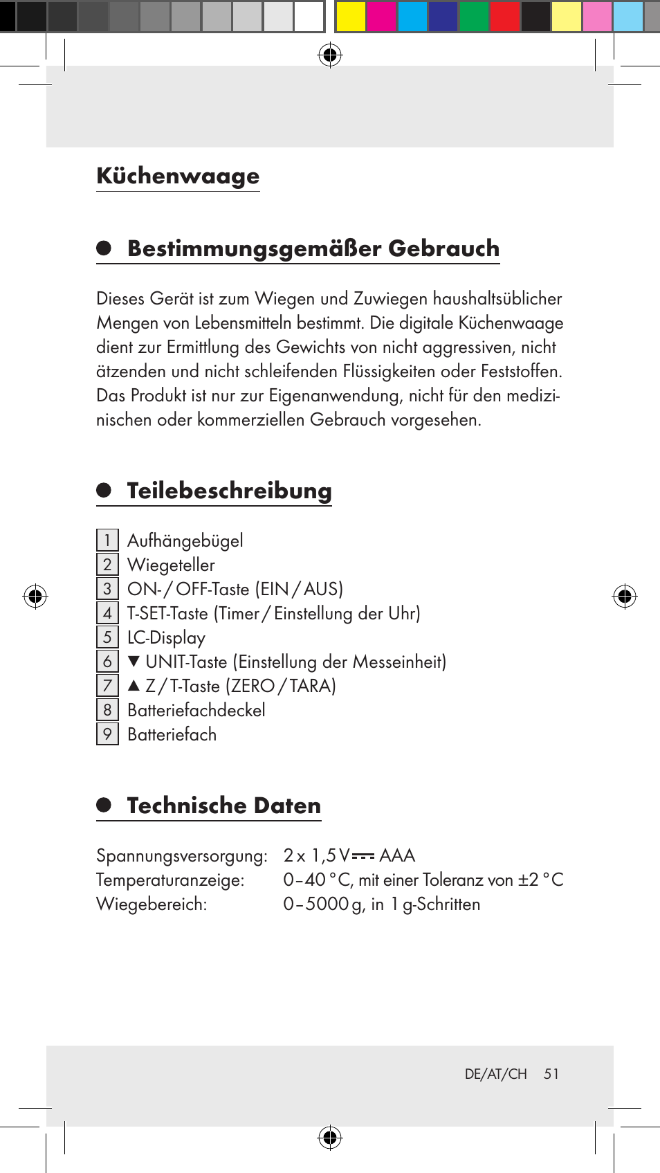 Küchenwaage bestimmungsgemäßer gebrauch, Teilebeschreibung, Technische daten | Silvercrest Z31183 User Manual | Page 51 / 62