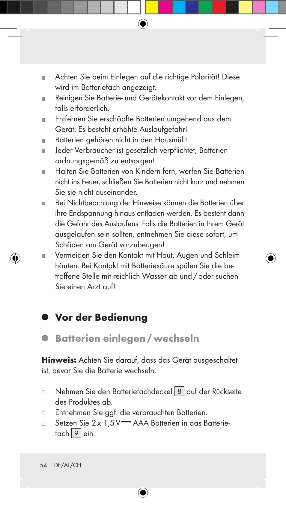 Vor der bedienung batterien einlegen / wechseln | Silvercrest Z31183 User Manual | Page 54 / 62