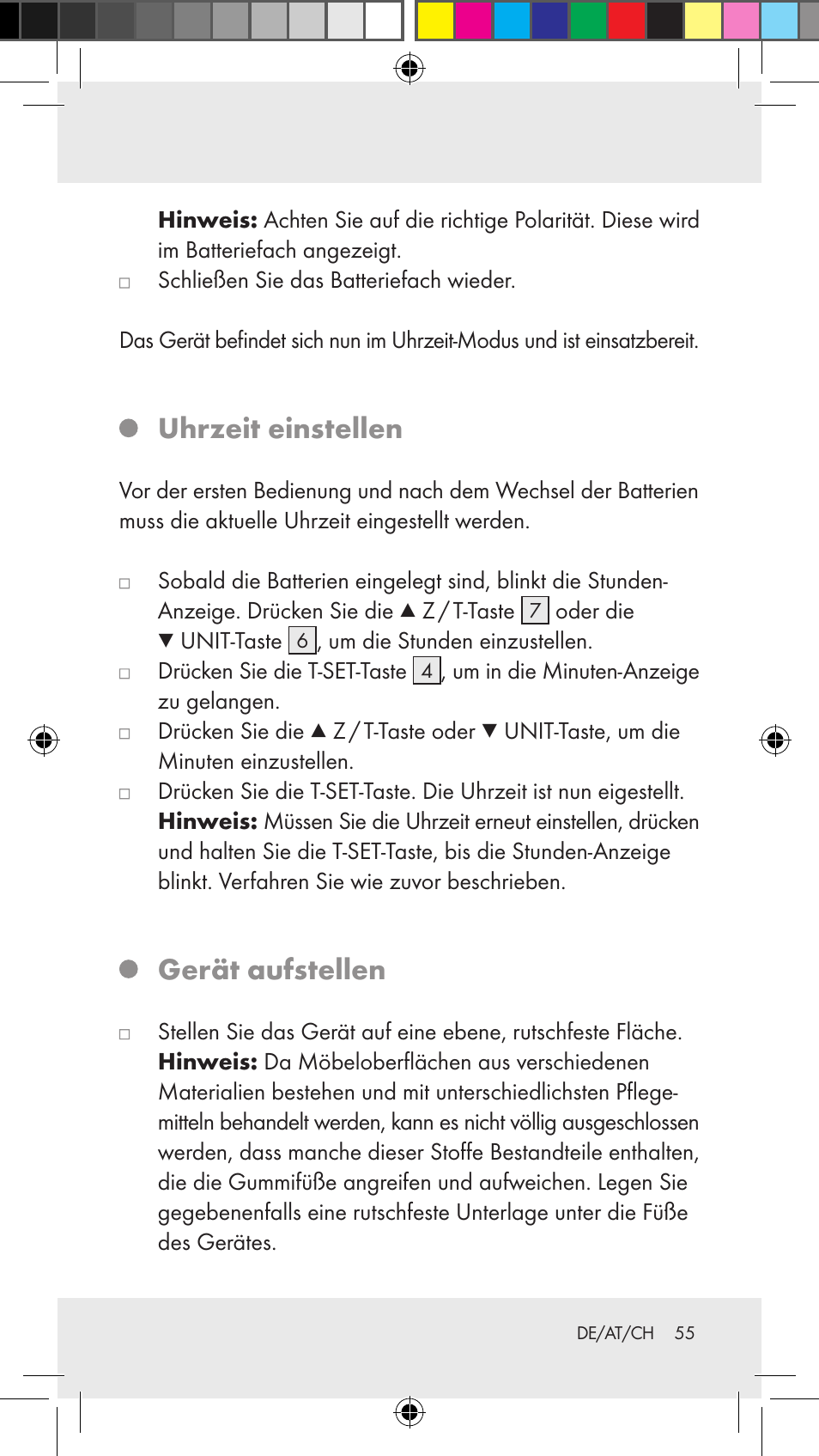 Uhrzeit einstellen, Gerät aufstellen | Silvercrest Z31183 User Manual | Page 55 / 62