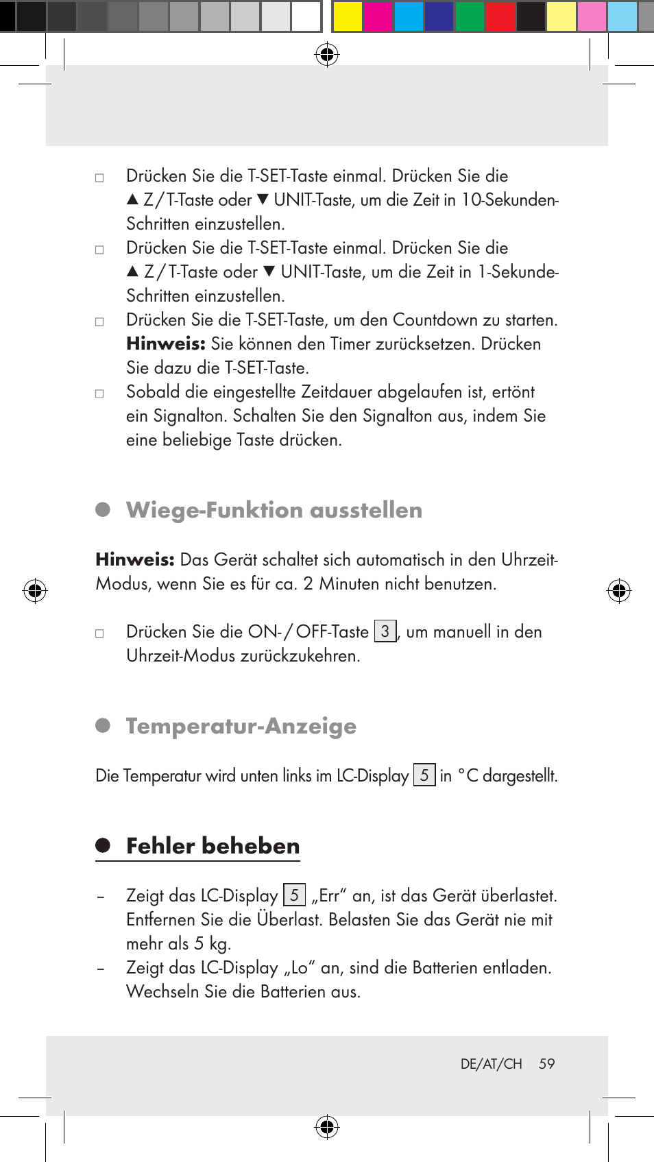 Wiege-funktion ausstellen, Temperatur-anzeige, Fehler beheben | Silvercrest Z31183 User Manual | Page 59 / 62