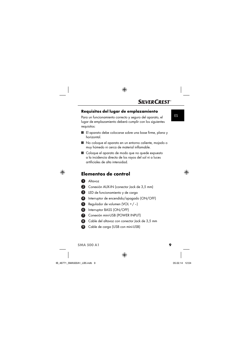 Elementos de control, Requisitos del lugar de emplazamiento | Silvercrest SMA 500 A1 User Manual | Page 12 / 76