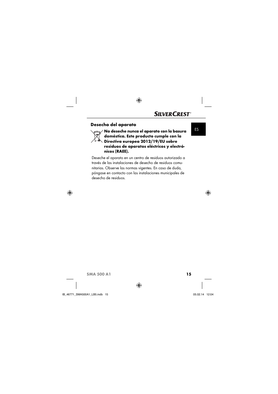 Desecho del aparato | Silvercrest SMA 500 A1 User Manual | Page 18 / 76