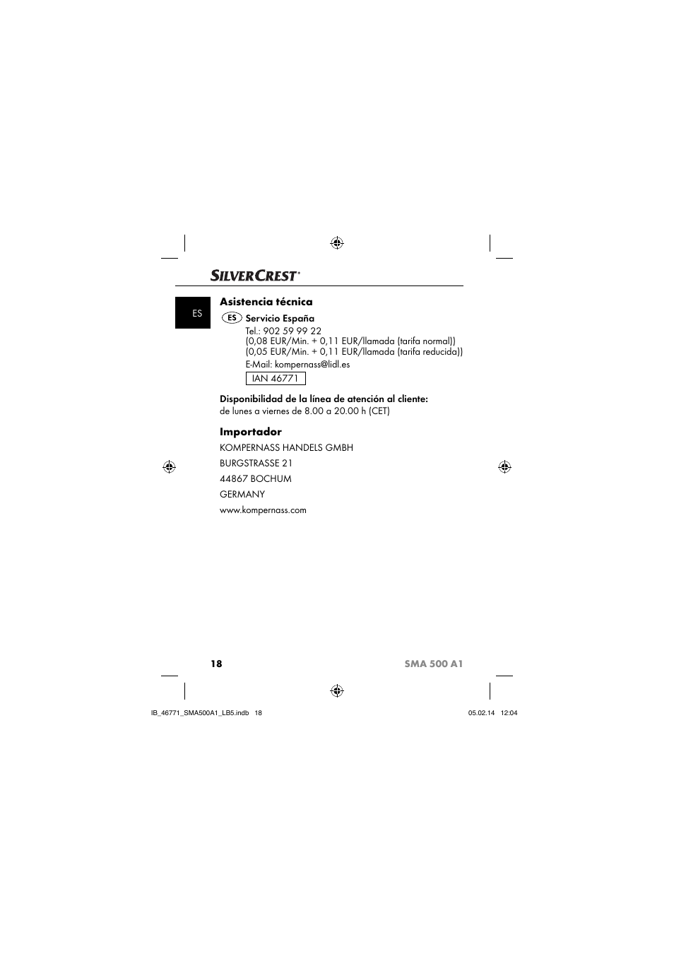 Asistencia técnica, Importador | Silvercrest SMA 500 A1 User Manual | Page 21 / 76