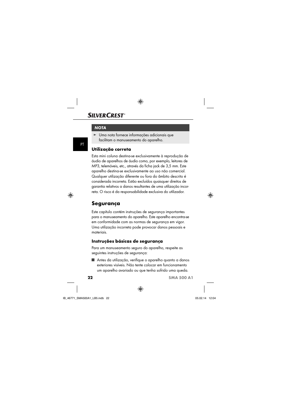 Segurança, Utilização correta, Instruções básicas de segurança | Silvercrest SMA 500 A1 User Manual | Page 25 / 76