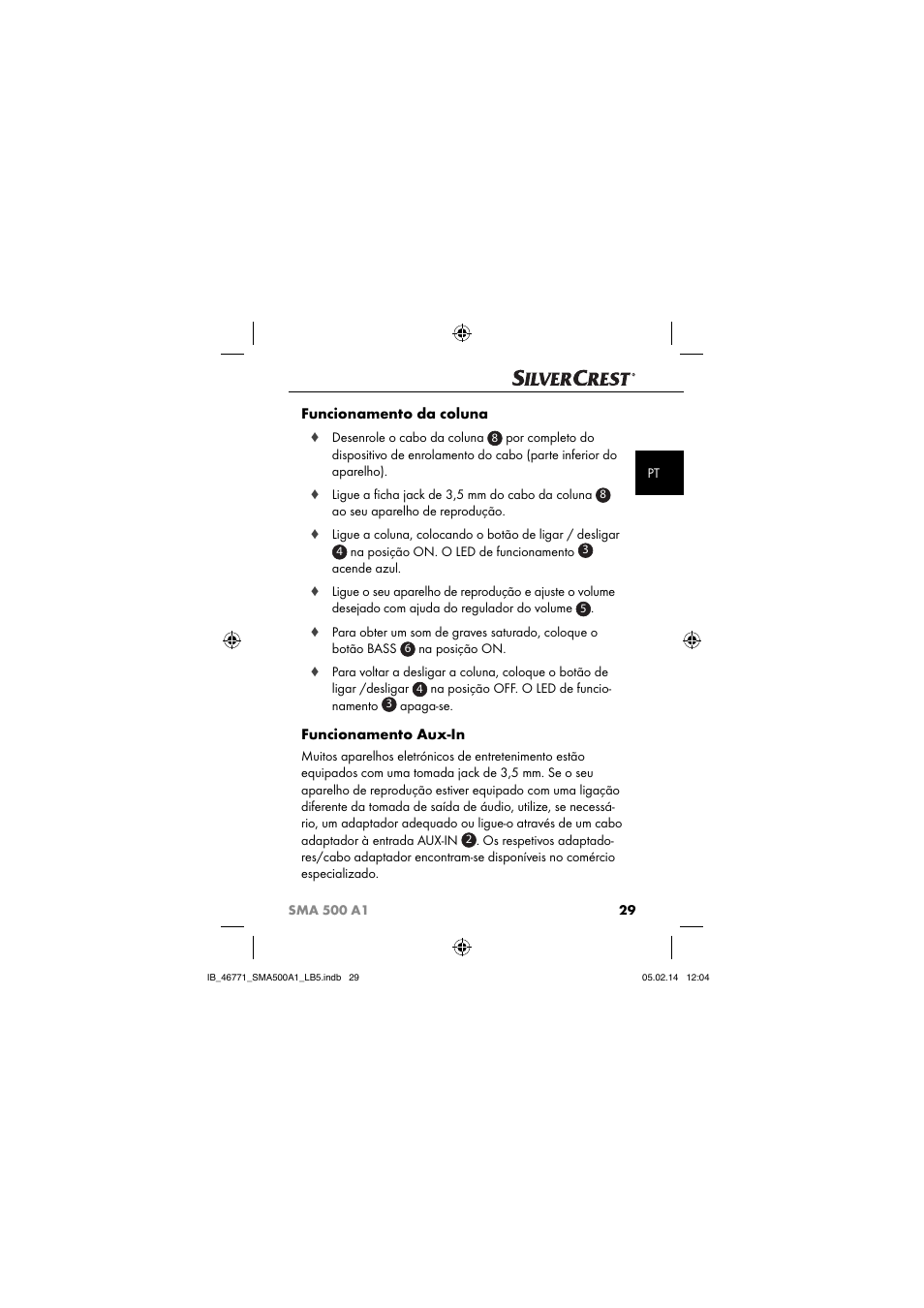 Funcionamento da coluna, Funcionamento aux-in | Silvercrest SMA 500 A1 User Manual | Page 32 / 76