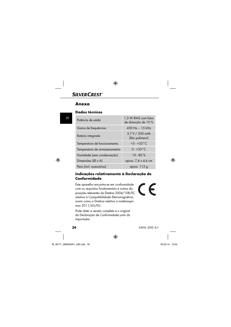 Anexo, Dados técnicos | Silvercrest SMA 500 A1 User Manual | Page 37 / 76