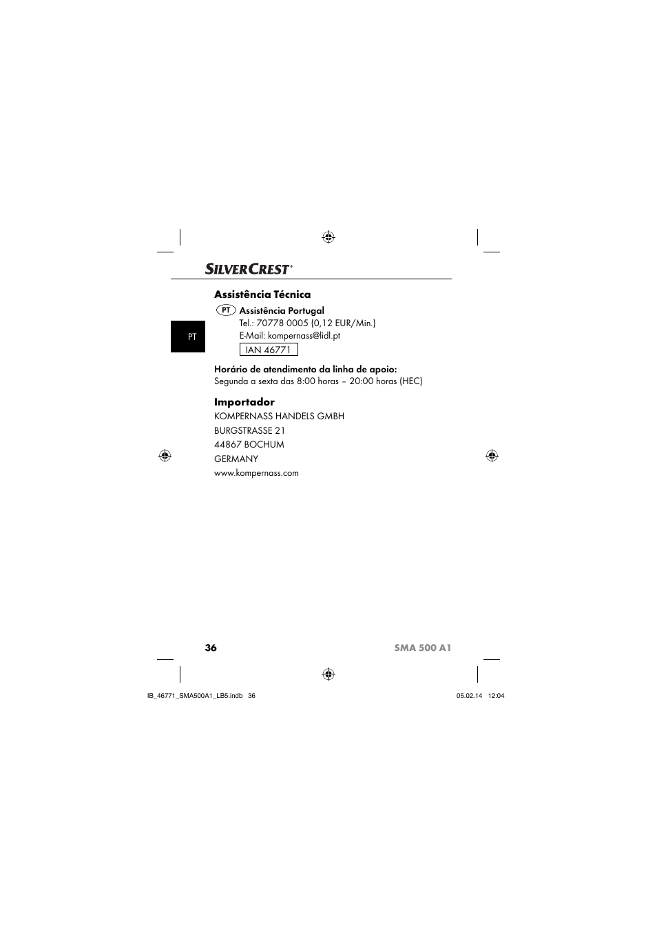 Assistência técnica, Importador | Silvercrest SMA 500 A1 User Manual | Page 39 / 76