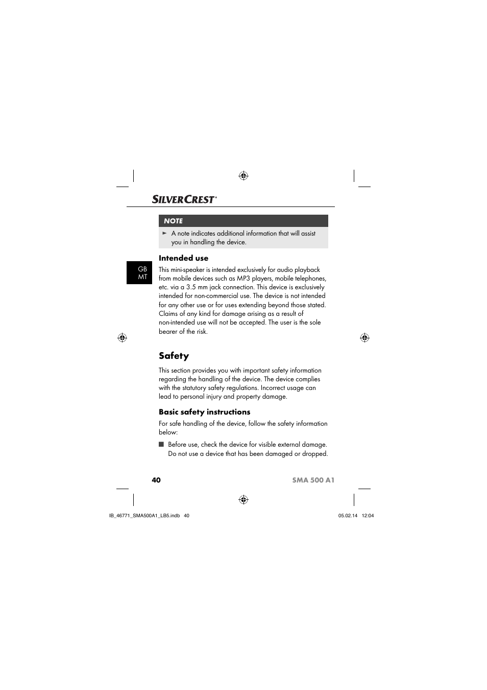 Safety, Intended use, Basic safety instructions | Silvercrest SMA 500 A1 User Manual | Page 43 / 76