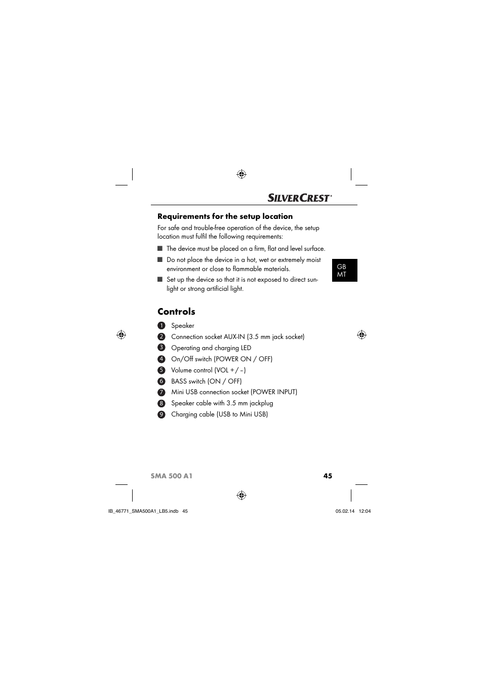 Controls, Requirements for the setup location | Silvercrest SMA 500 A1 User Manual | Page 48 / 76