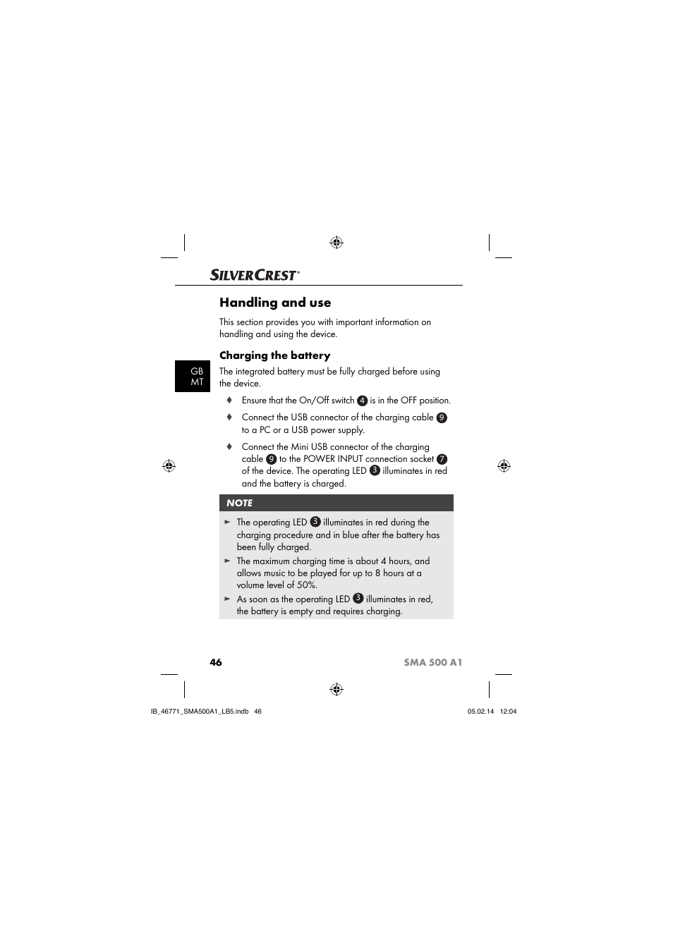 Handling and use, Charging the battery | Silvercrest SMA 500 A1 User Manual | Page 49 / 76