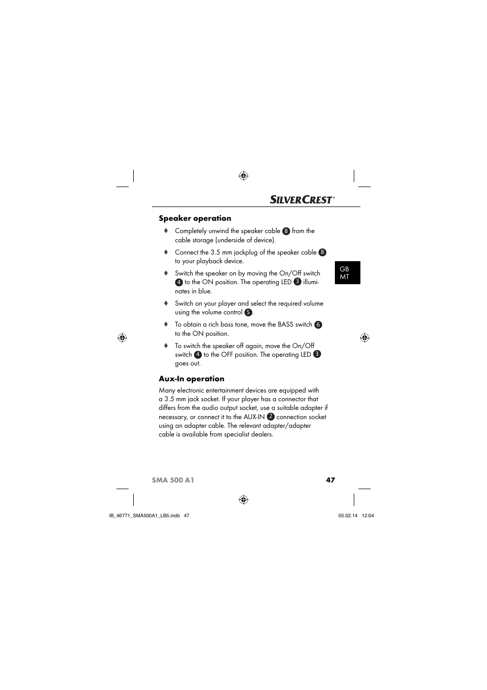 Speaker operation, Aux-in operation | Silvercrest SMA 500 A1 User Manual | Page 50 / 76