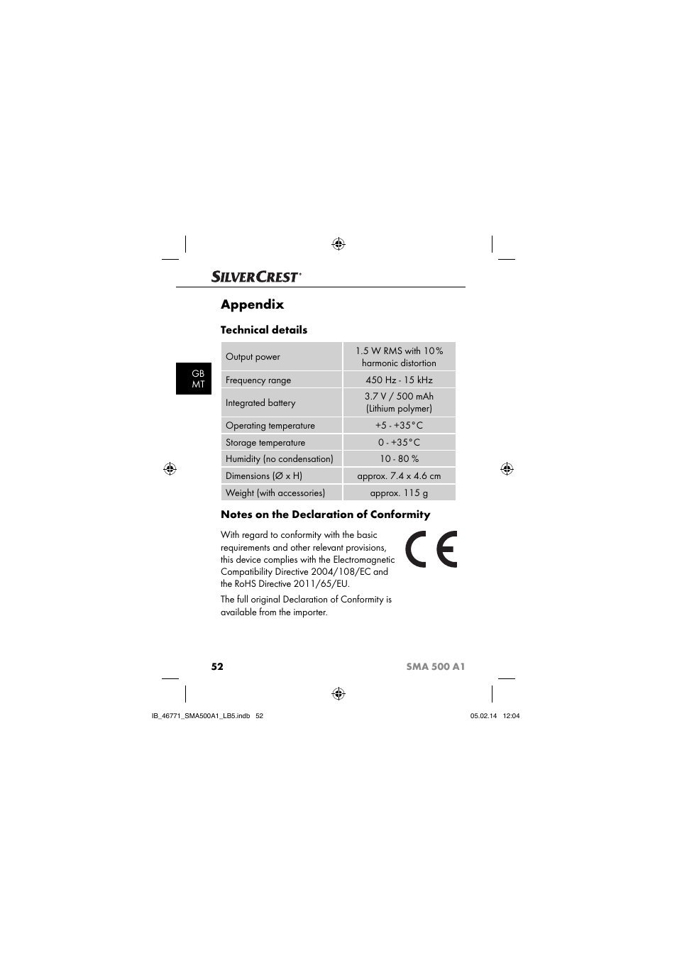 Appendix, Technical details | Silvercrest SMA 500 A1 User Manual | Page 55 / 76