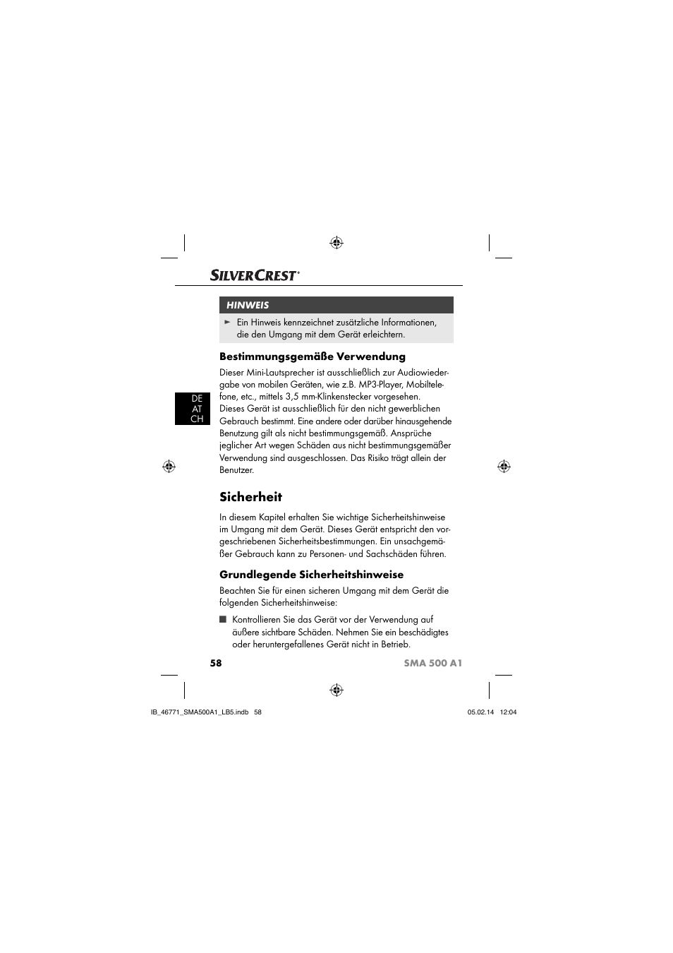 Sicherheit, Bestimmungsgemäße verwendung, Grundlegende sicherheitshinweise | Silvercrest SMA 500 A1 User Manual | Page 61 / 76