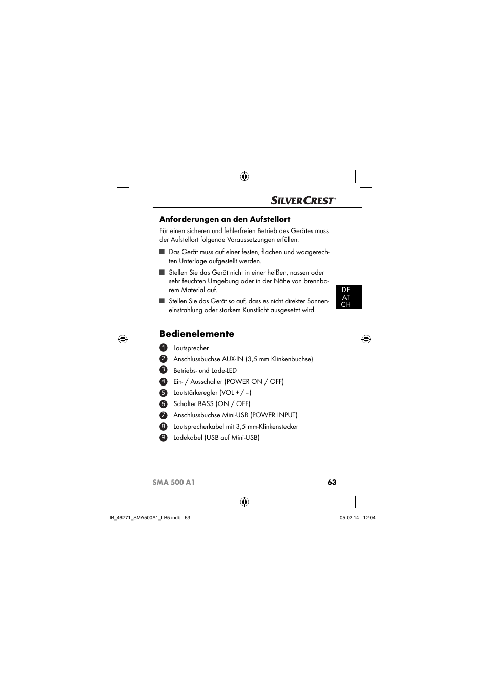 Bedienelemente, Anforderungen an den aufstellort | Silvercrest SMA 500 A1 User Manual | Page 66 / 76