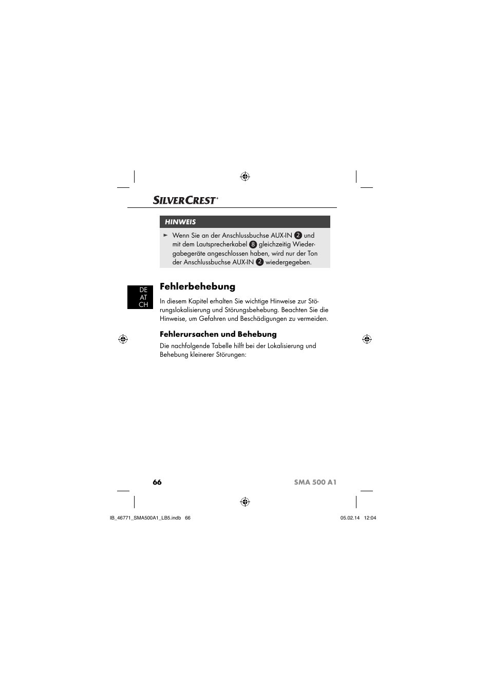 Fehlerbehebung, Fehlerursachen und behebung | Silvercrest SMA 500 A1 User Manual | Page 69 / 76