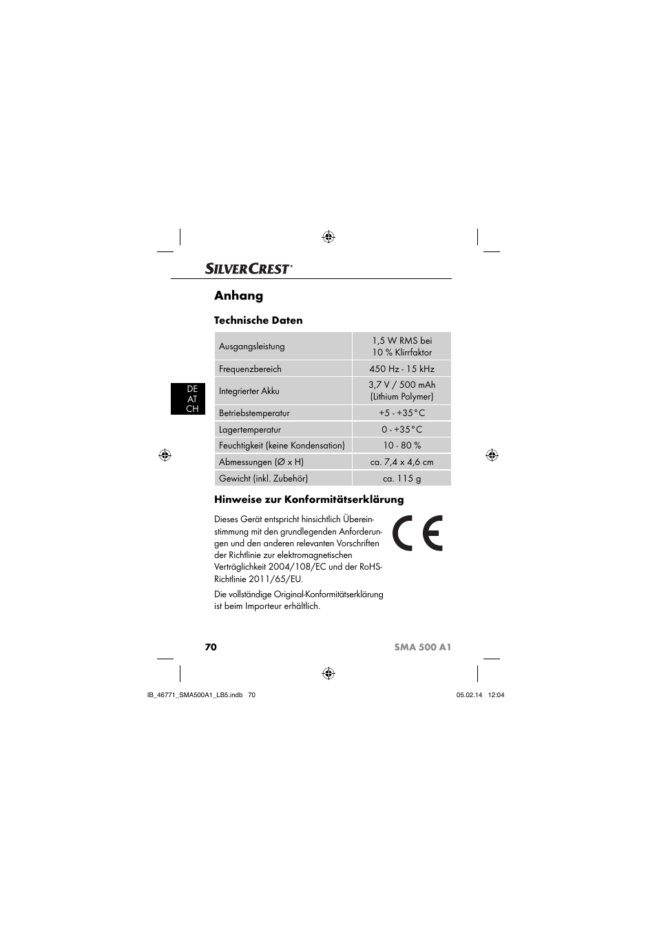 Anhang, Technische daten, Hinweise zur konformitätserklärung | Silvercrest SMA 500 A1 User Manual | Page 73 / 76