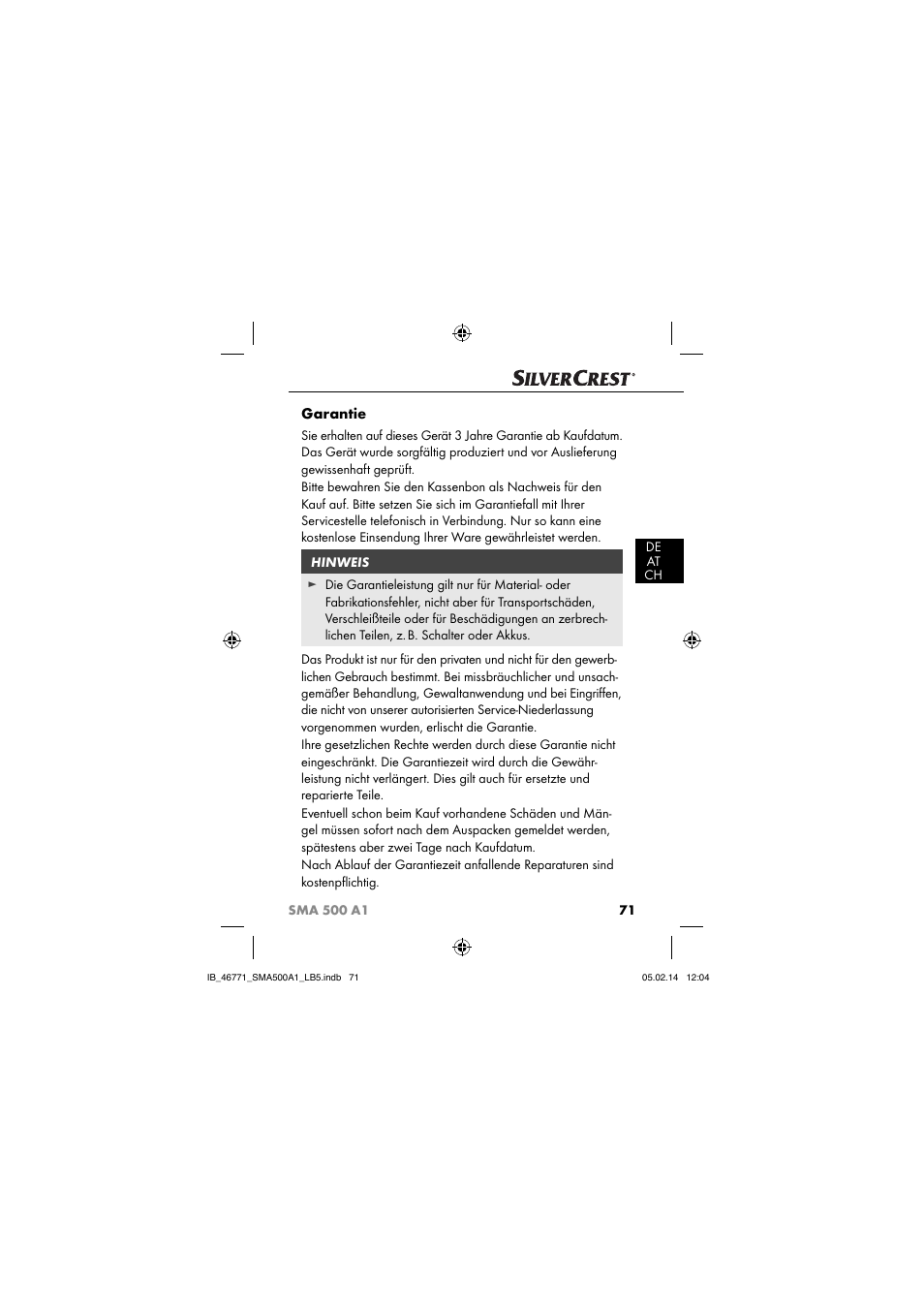 Garantie | Silvercrest SMA 500 A1 User Manual | Page 74 / 76