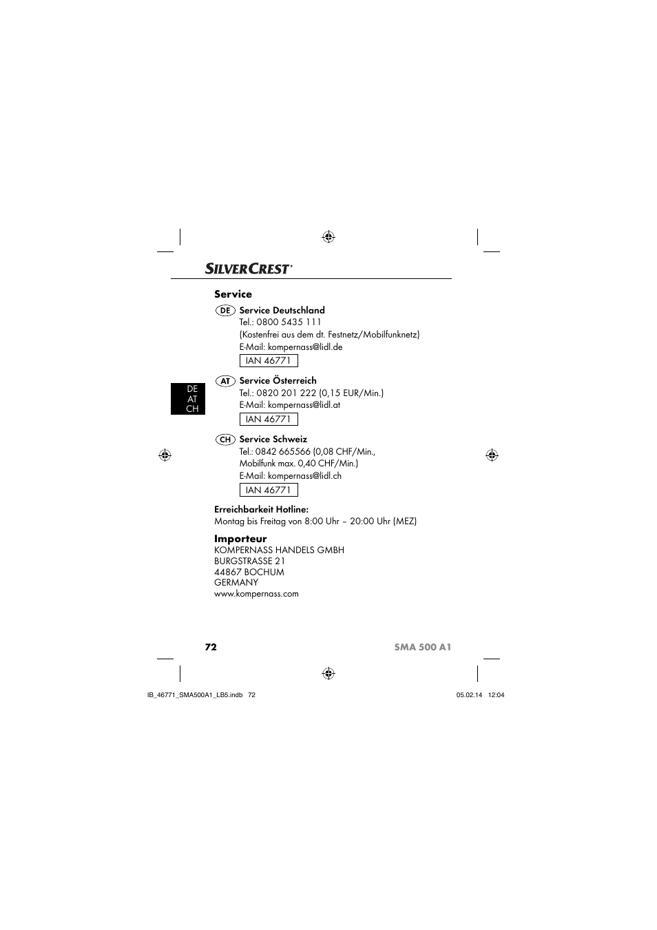Service, Importeur | Silvercrest SMA 500 A1 User Manual | Page 75 / 76