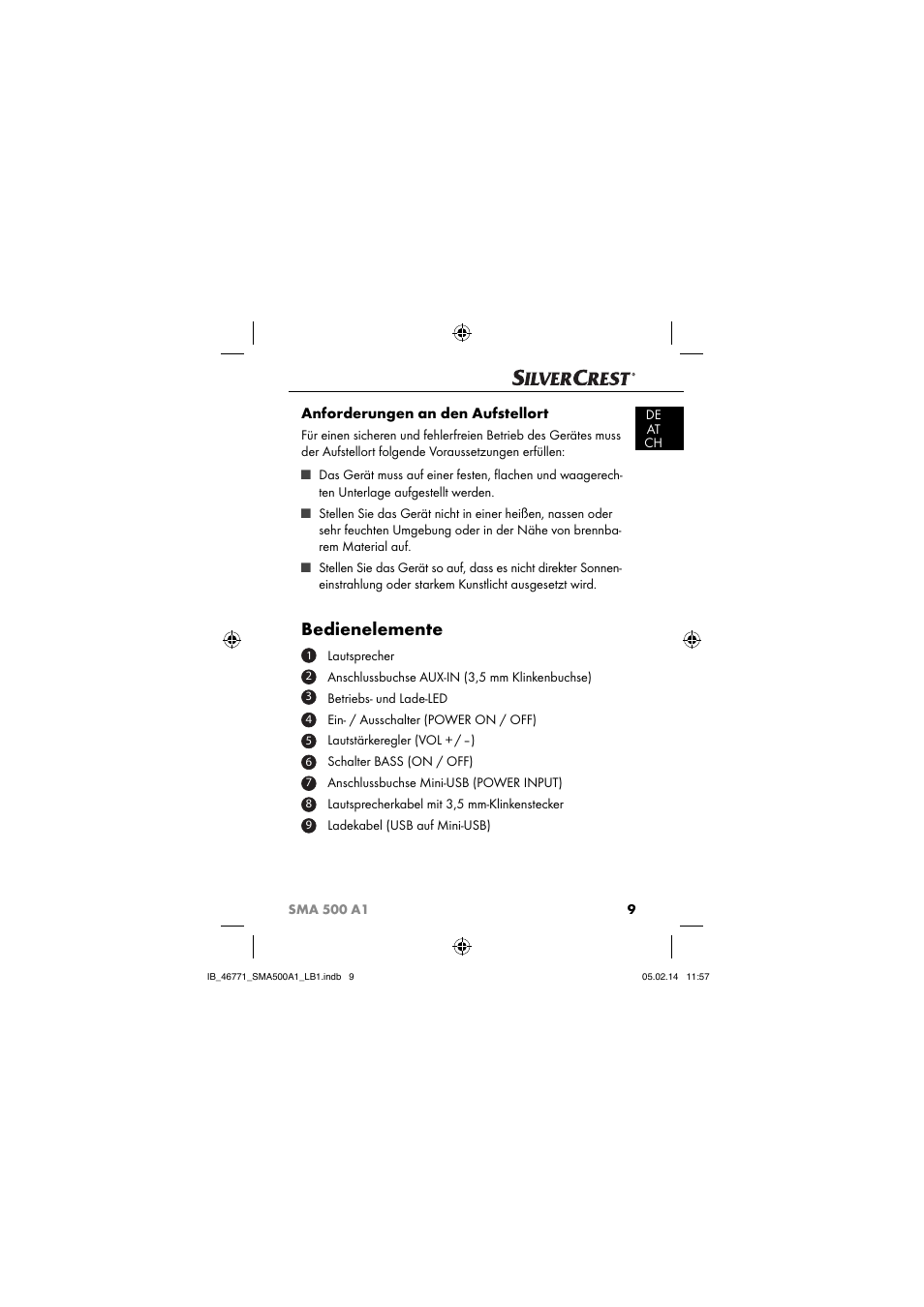 Bedienelemente, Anforderungen an den aufstellort | Silvercrest SMA 500 A1 User Manual | Page 12 / 94