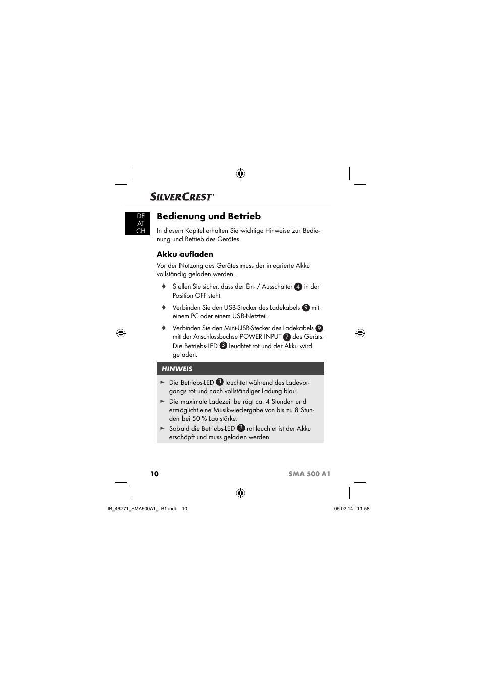 Bedienung und betrieb, Akku auﬂ aden | Silvercrest SMA 500 A1 User Manual | Page 13 / 94