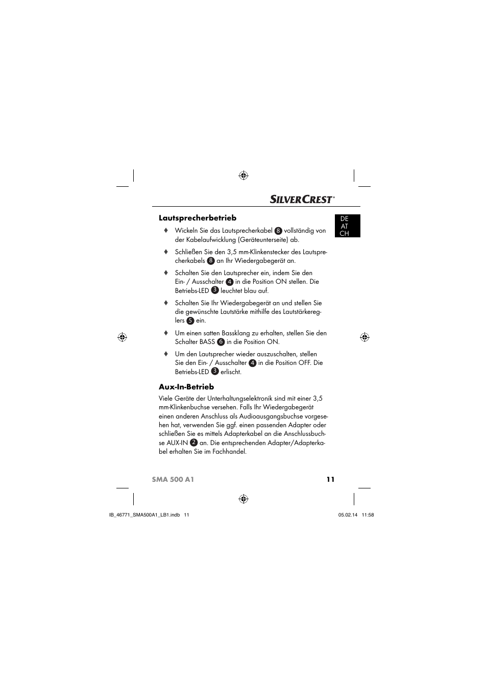 Lautsprecherbetrieb, Aux-in-betrieb | Silvercrest SMA 500 A1 User Manual | Page 14 / 94