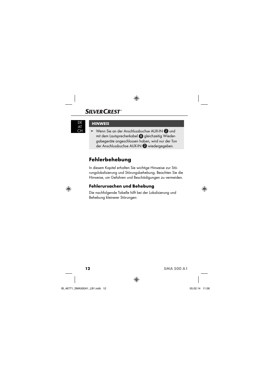 Fehlerbehebung, Fehlerursachen und behebung | Silvercrest SMA 500 A1 User Manual | Page 15 / 94