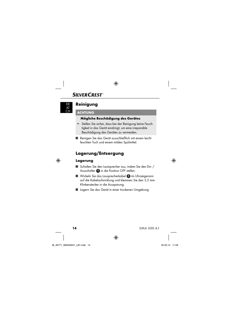 Reinigung, Lagerung/entsorgung, Lagerung | Silvercrest SMA 500 A1 User Manual | Page 17 / 94