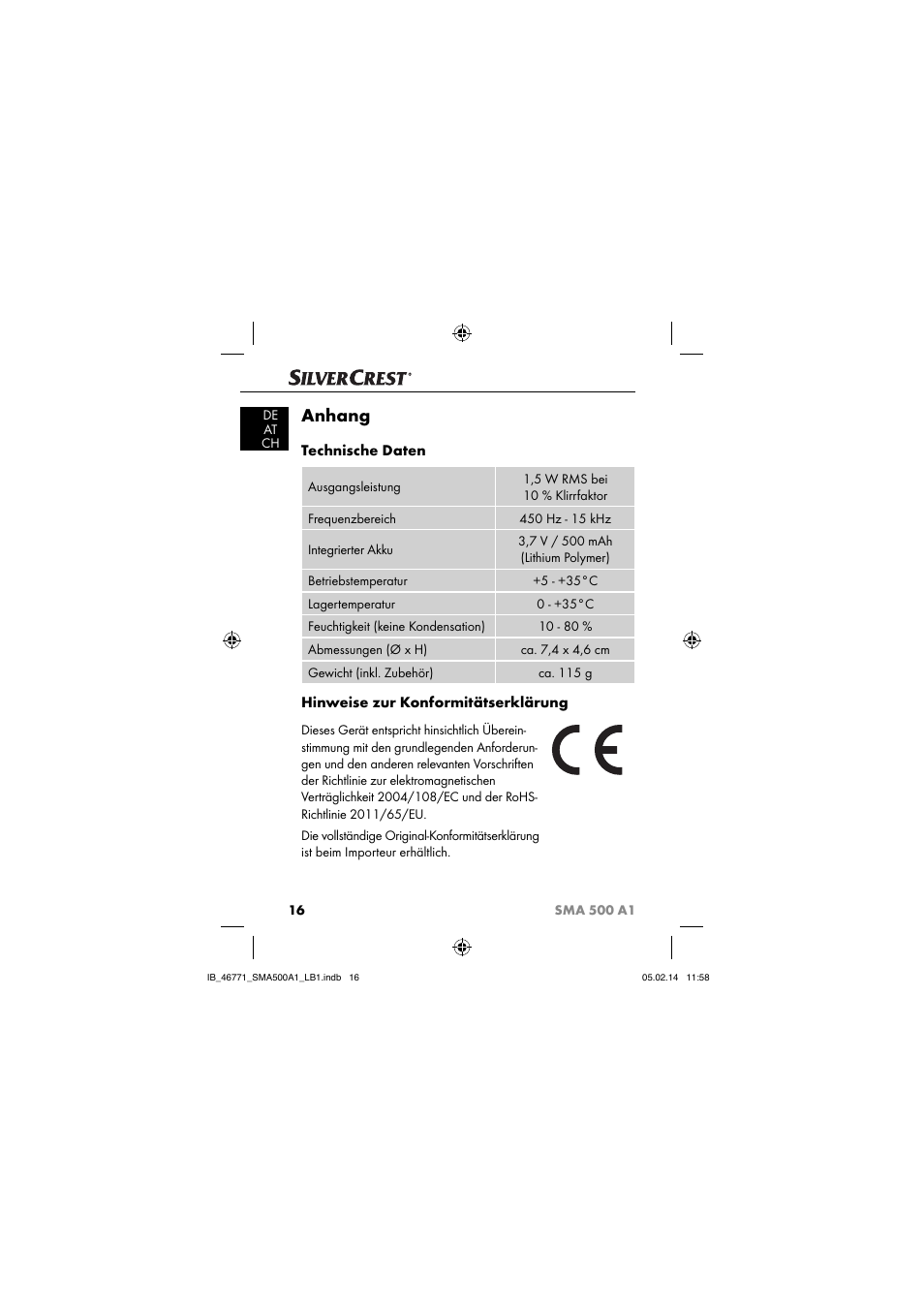 Anhang, Technische daten, Hinweise zur konformitätserklärung | Silvercrest SMA 500 A1 User Manual | Page 19 / 94