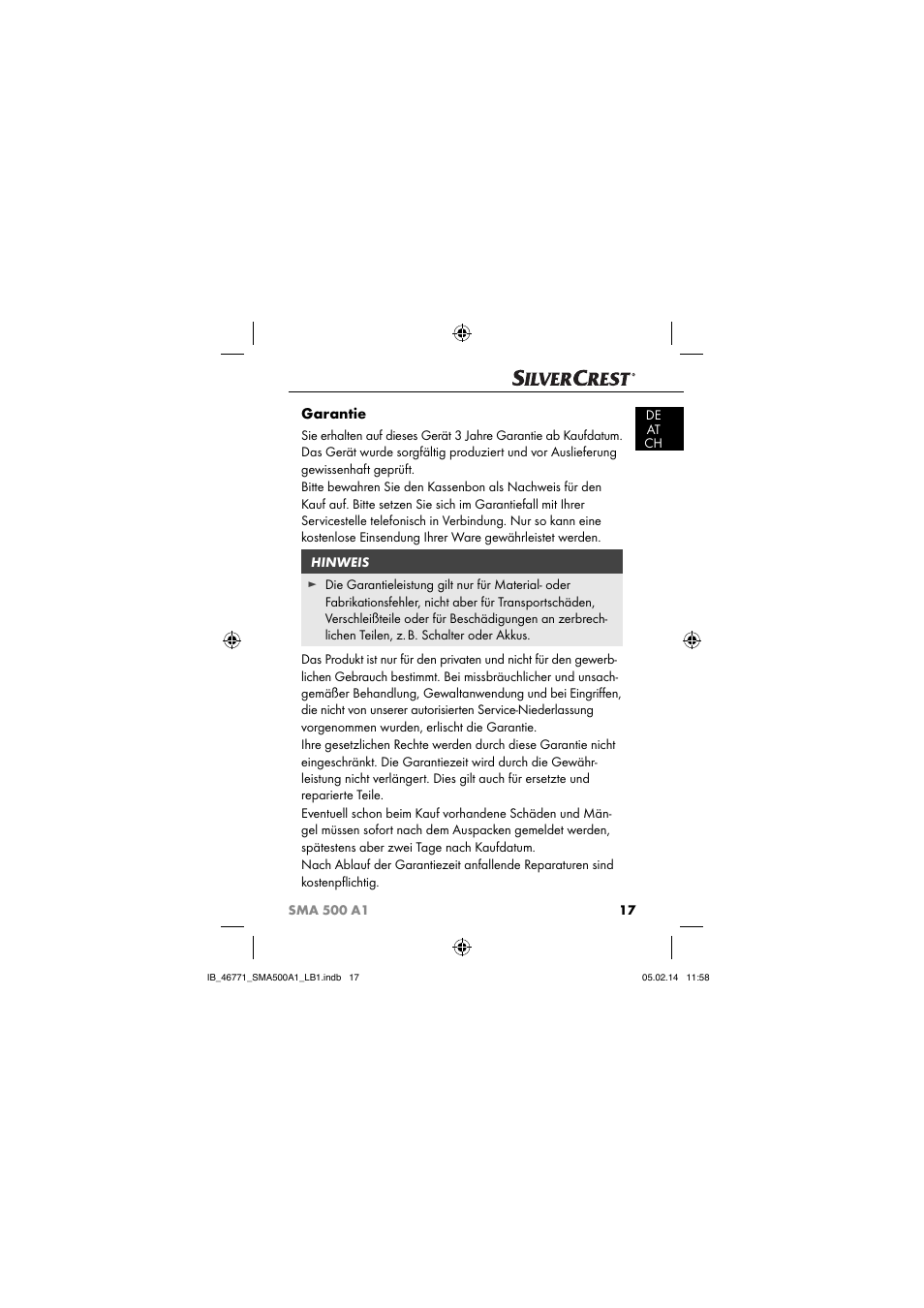 Garantie | Silvercrest SMA 500 A1 User Manual | Page 20 / 94