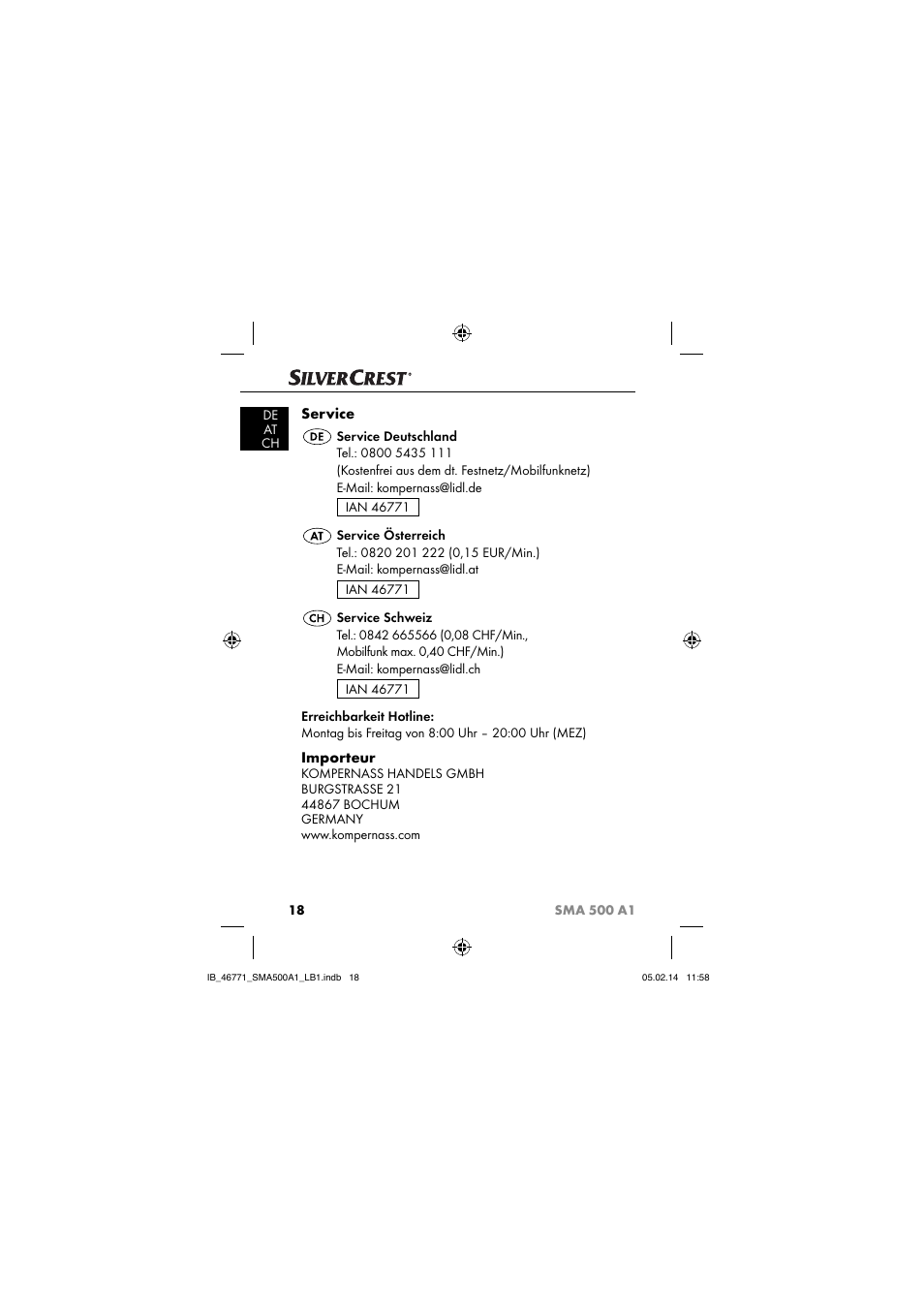 Service, Importeur | Silvercrest SMA 500 A1 User Manual | Page 21 / 94