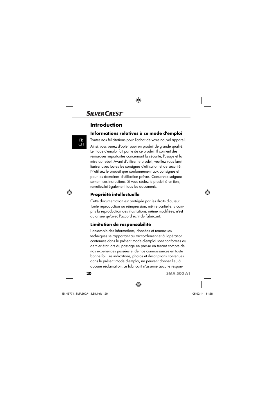 Introduction, Informations relatives à ce mode d'emploi, Propriété intellectuelle | Limitation de responsabilité | Silvercrest SMA 500 A1 User Manual | Page 23 / 94