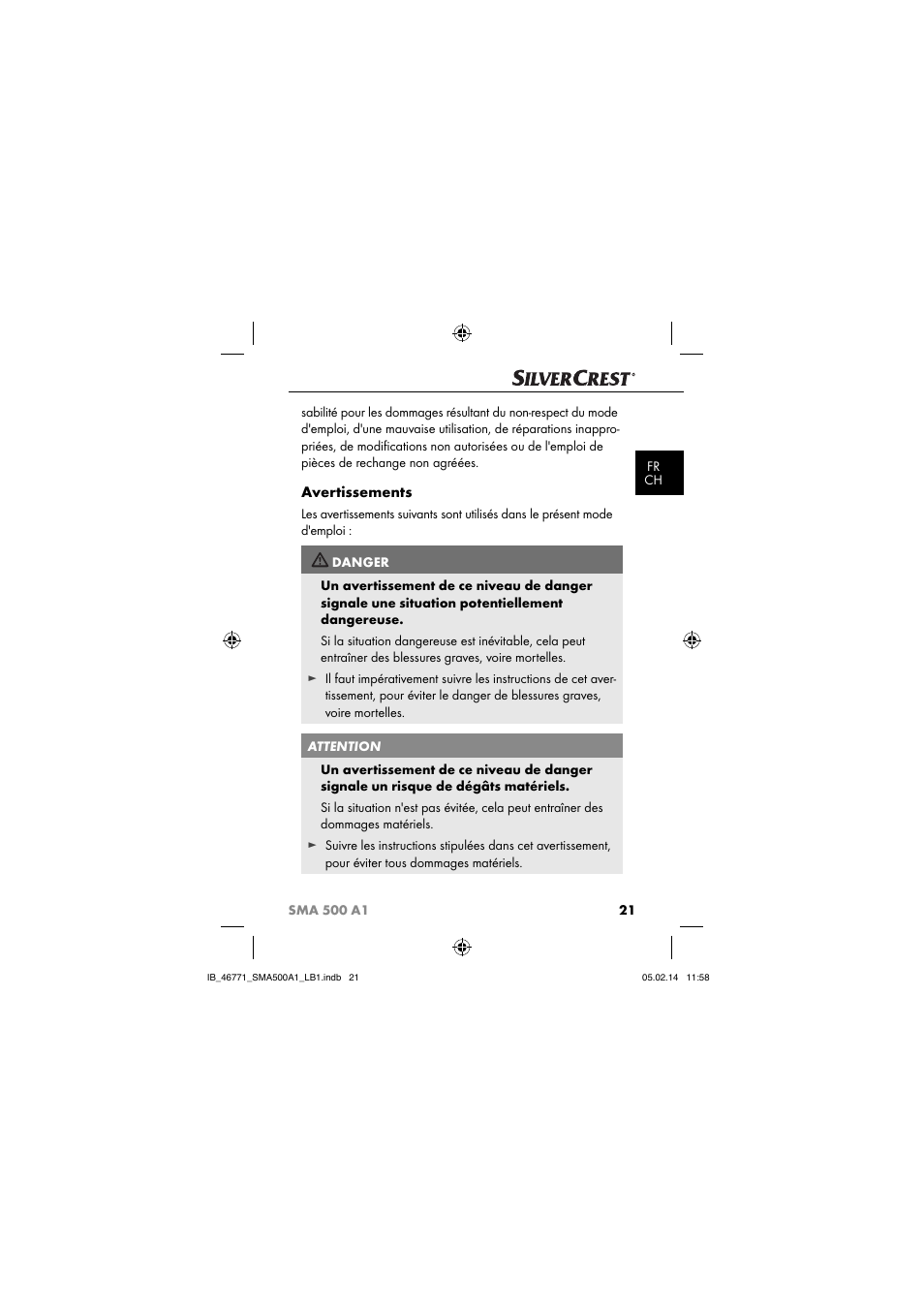 Avertissements | Silvercrest SMA 500 A1 User Manual | Page 24 / 94