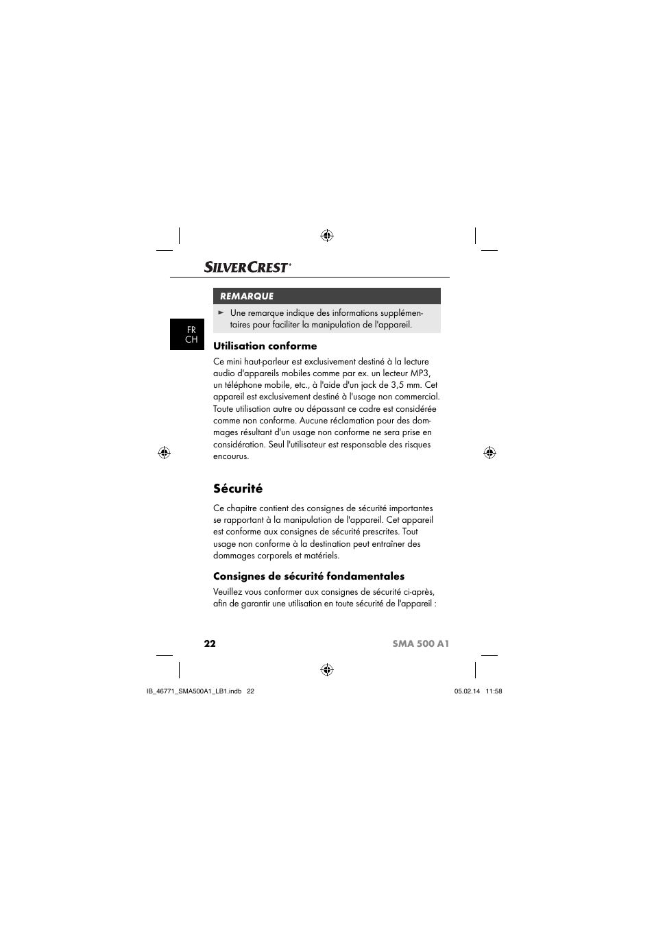 Sécurité, Utilisation conforme, Consignes de sécurité fondamentales | Silvercrest SMA 500 A1 User Manual | Page 25 / 94