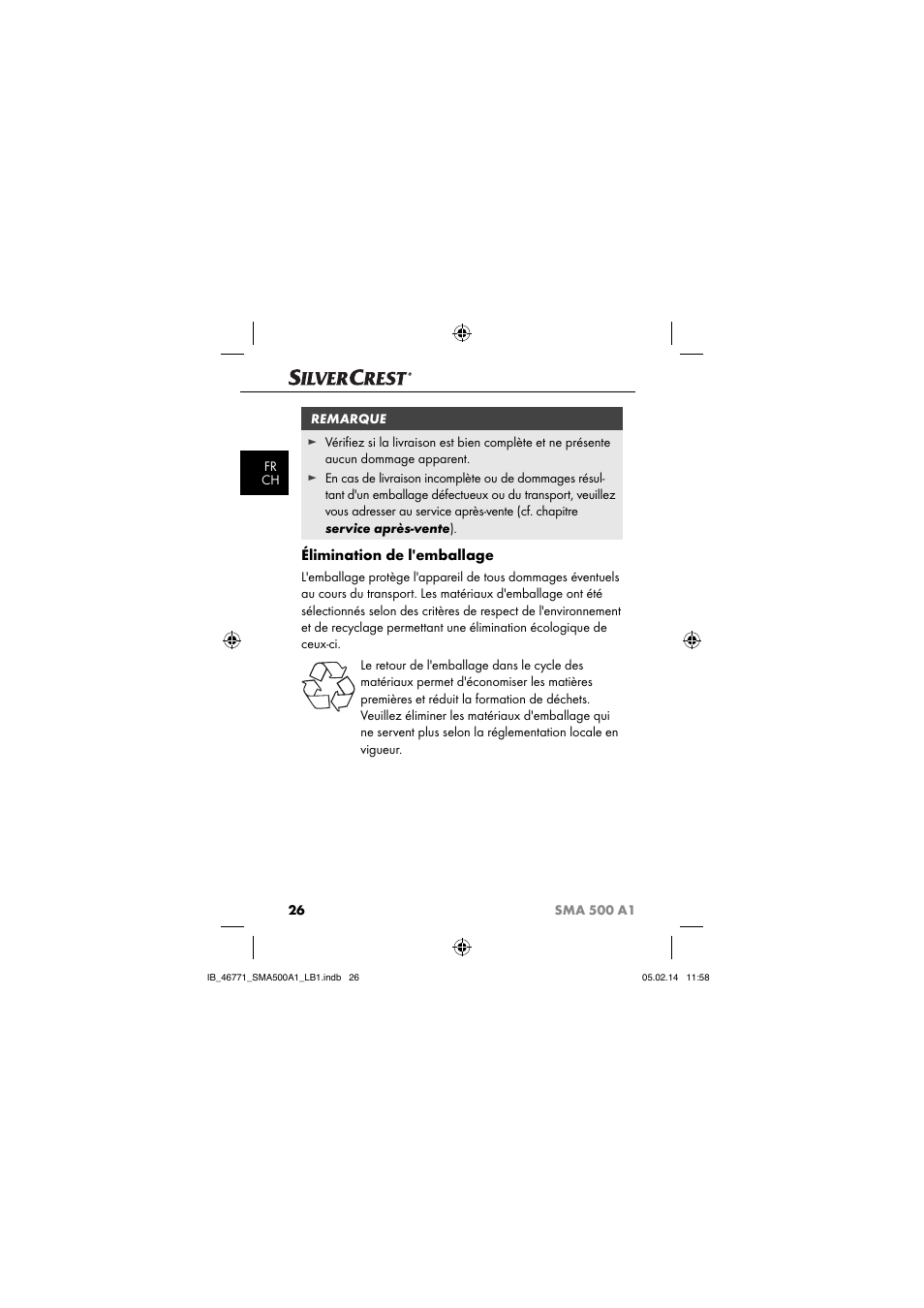 Élimination de l'emballage | Silvercrest SMA 500 A1 User Manual | Page 29 / 94
