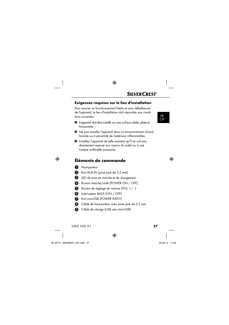 Éléments de commande, Exigences requises sur le lieu d'installation | Silvercrest SMA 500 A1 User Manual | Page 30 / 94
